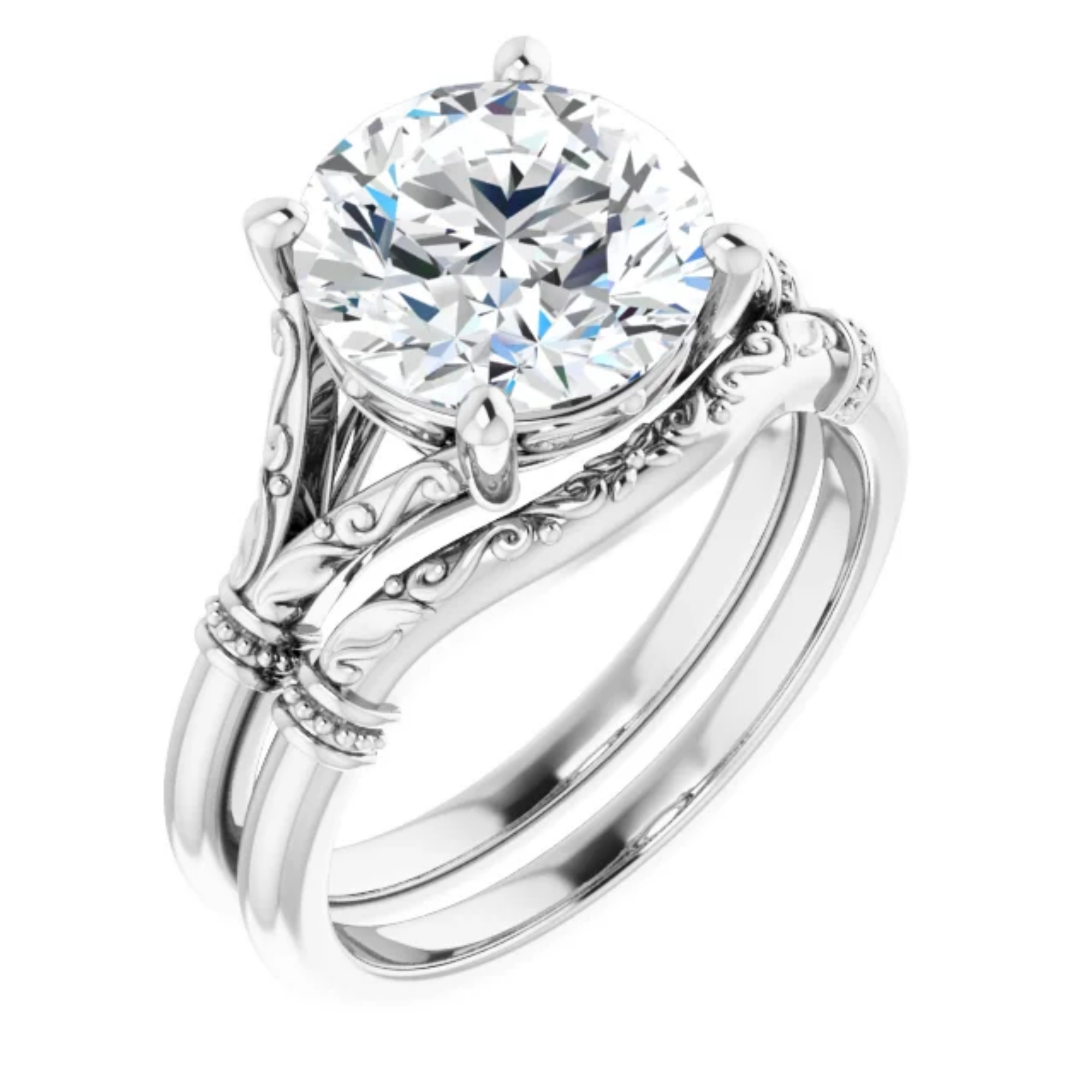 Juliette Matching Wedding Band 2 vintage lab diamond engagement ring solitaire round 1.50 carat bridal wedding band set